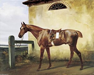 A Saddled Race Horse Tied To A Fence — Emile Jean Horace Vernet