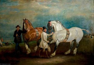 Carthorses With Grooms At A Fair — Sr John E Ferneley
