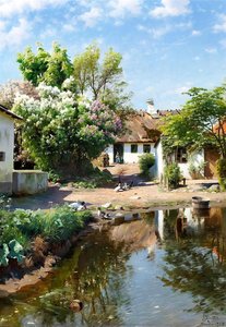 Spring Day At A Thatched House With Blooming Lilacs — Peder Mørk Mönsted, Danish Realism