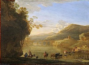 PAYSAGE AVEC UN TROUPEAU TRAVERSANT UNE RIVIERE