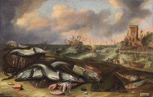 Fish Still Life With Stormy Seas — Abraham Willaerts