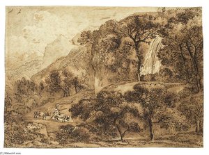 Landschaft Mit Kuhhirte Und Wasserfall