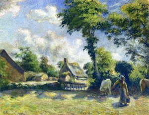Landscape At Melleray, Woman Carrying Water To Horses — Camille Pissarro