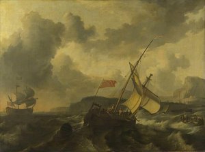 An English Vessel And A Man Of War In A Rough Sea Off A Coast With Tall Cliffs — Ludolf Backhuysen I, Dutch Golden Age