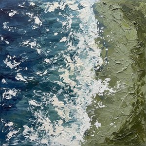 Turbulent Convergence Of Deep Navy Tides And Sculptural Earthbound Mossy Shores — David Moreau, Plaster & Texture Art