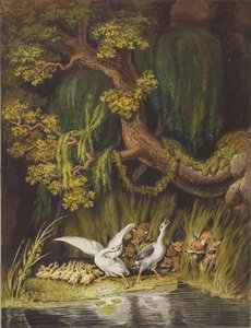 A Goose And A Gander With Their Goslings Honking In Alarm As Two Foxes With Their Cubs Emerge From The Rushes — Johann Heinrich The Younger Tischbein, Romanticism