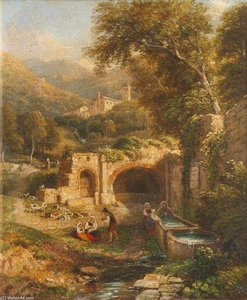 Washerwomen At A Tank, With A Distant View Of Tivoli — William Havell