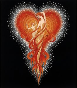 Figuras doradas dentro de un corazón carmesí radiante