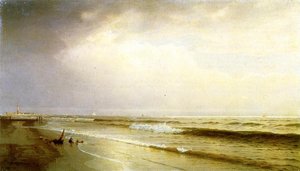 Seascape With Distant Lighthouse, Atlantic City, New Jersey — William Trost Richards, Hudson River School