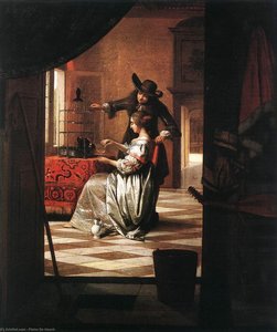 Couple With Parrot — Pieter De Hooch, Dutch Golden Age