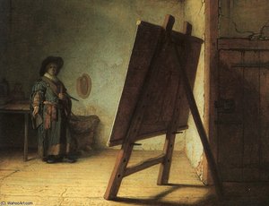 Artista En Su Estudio, Óleo Sobre Tabla — Rembrandt Van Rijn, Barroco