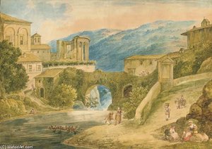 Tivoli With The Temple Of Vesta, Figures In The Foreground — Bartolomeo Pinelli, Neoclassicism
