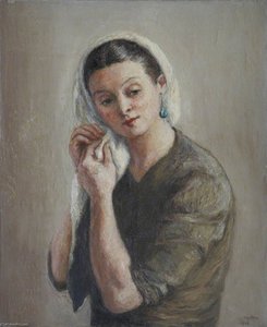 Lady With A White Headscarf And Green Earrings — Georges Van Houten