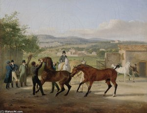A Stallion Being Led To A Mare In A Stable Yard, A Landscape With Villas Beyond — Jacques Laurent Agasse