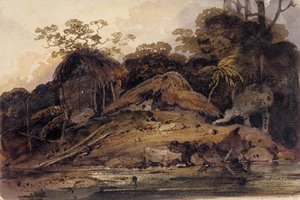 Two Huts Beside A River, Probably Bengal — George Chinnery
