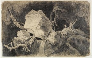 Hunter Standing In Cave Near Rock And Waterfall — Thomas Cole