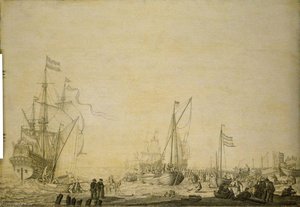 Kaags Close To The Shore In A Busy Scene Near Den Helder — Willem Van De Velde The Elder, Dutch Golden Age