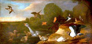 A Goose With Goslings, Curlews, And Other Marsh And Moorland Birds — Francis Barlow