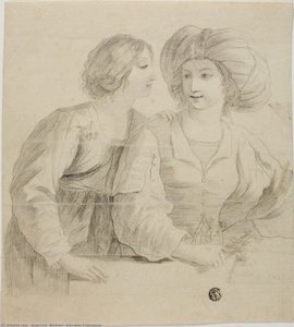 Two Young Women, One Wearing Turban, In Conversation — Guercino