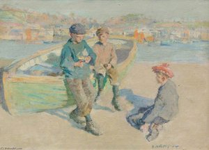 Children In Newlyn Harbour — Harold Harvey