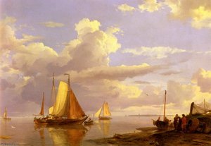Fishing Boats Off The Coast At Dusk — Hermanus Koekkoek (the Elder), Romanticism
