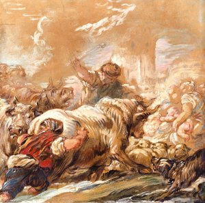 Herdsmen Driving Cattle Across A Stream — Jean Baptiste Deshays De Colleville