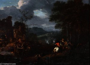 A cavalry skirmish in an extensive hilly landscape