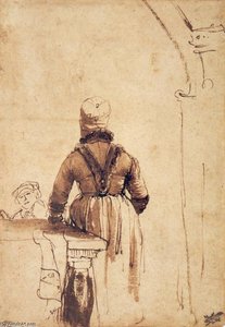 Woman Wearing A Costume Of Northern Holland, Seen From Her Back — Rembrandt Van Rijn, Baroque
