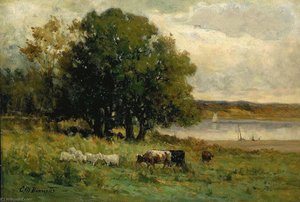 Untitled (cattle Near River With Sailboat In Distance) — Edward Mitchell Bannister