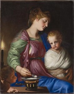 La Vierge donnant la bouillie à l'enfant Jésus, avec un angelot soufflant sur le réchaud