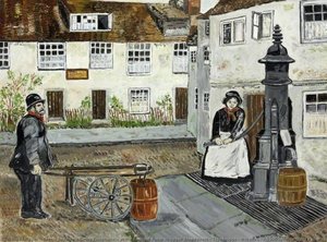 Ginny Pumphandle at the Conigre Pump in Upper Broadstreet, Trowbridge, Wiltshire, c.1900 (copied from a photograph or postcard)