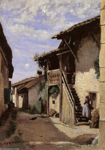 A Village Steeet Dardagny — Jean-baptiste-camille Corot, Romantic Landscape