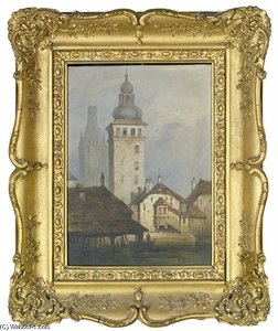 Towers In A German Town With Boats Passing On A River Below — Samuel Prout