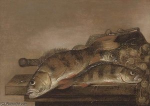 Sea Bream, A Fishing Basket And Nets On A Wooden Table