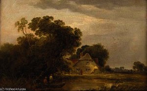 Figures Before A Cottage In A Wooded River Landscape — Edward Charles Williams