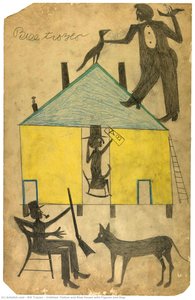 Untitled (yellow And Blue House With Figures And Dog) — Bill Traylor