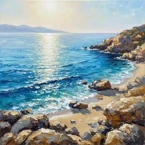 Cerulean Solitude: A Singular Vision Of Sunlit Shores And Sculpted Coastal Tides — Christian Noiret, Contemporary Abstract