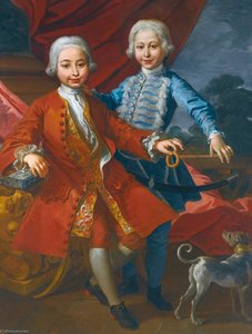 A Portrait Of Two Elegantly Dressed Boys In An Interior Playing With A Dog — Carlo Amalfi