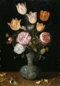 Flowers In A Painted Ceramic Vase With Moths — Jan Brueghel The Elder, Baroque