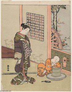 Woman Looking At A Sleeping Tea-bo — Suzuki Harunobu