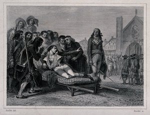 A dying soldier (Bonchamp) lying on a camp bed tended to by