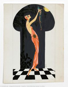 Gouache — Scene featuring a woman in a dress