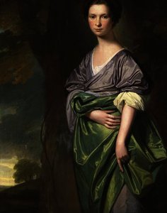 Portrait Of Mrs. James Fletcher, Three-quarter-length, In A Lilac Dress With A Green Wrap, In A Wooded Landscape — George Romney