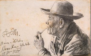 Study Of A Man In A Hat With A Pipe — Adolph Von Menzel