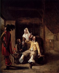 Two Soldiers And A Serving Woman With A Trumpeter — Pieter De Hooch, Dutch Golden Age