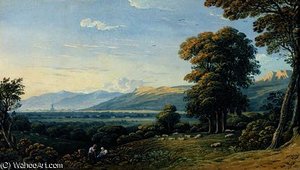 Figures resting on a hillside with a church spire