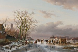 Numerous Skaters And A Horse-sledge By A Refreshment Stall — Andreas Schelfhout