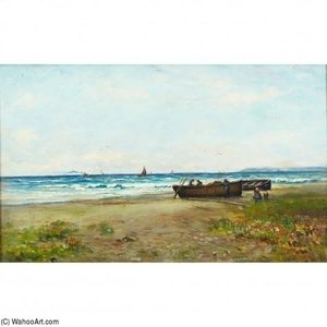 Beach Scene With Figures Tending Fishing Boats — Joseph Henderson