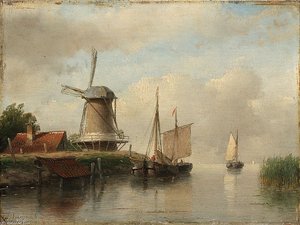 Dutch Boats Moored On A River Next To A Windmill — Andreas Schelfhout