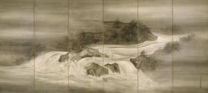 River Landscape With Fireflies — Shiokawa Bunrin
